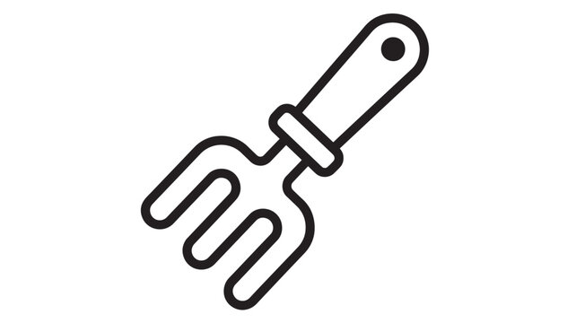 Fork garden tool with three tines and a handle, a simple black and white line art illustration for gardening icons.