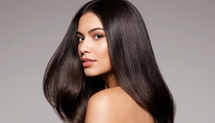 Naklejka premium A woman with long, silky hair gazes over her shoulder, showcasing her smooth features. The woman's hair shines softly against a neutral background, enhancing her graceful pose.