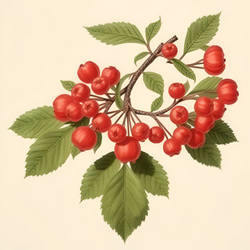 Rowan or Mountain-ash (Sorbus aucuparia) / vintage illustration from Brockhaus Konversations-Lexikon 1908