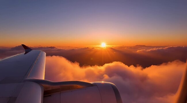 Sunrise viewed from airplane window over clouds