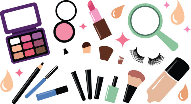Hand drawn cosmetics set with mascara lipstick eyeshadow brush concealer sponge and beauty products trendy doodle outline vector illustration