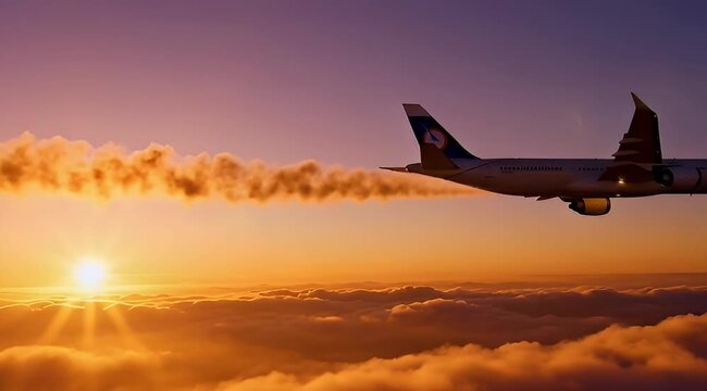 Commercial airplane soaring through a vibrant sunset sky above a sea of clouds, leaving a fiery contrail