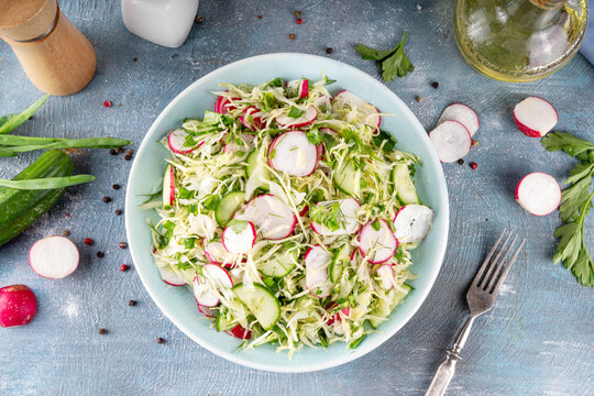 Spring cabbage salad, with cucumber and radish