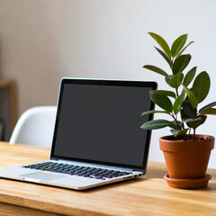 Fototapeta premium Minimal Workspace With Laptop And Indoor Plant