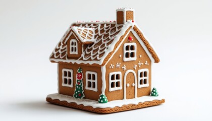 Fototapeta premium The gingerbread house features a detailed roof and decorated windows. This festive gingerbread house displays icing and colorful decorations for the holiday season.