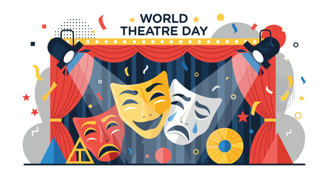 World theatre day stage with curtains and traditional drama masks illustration