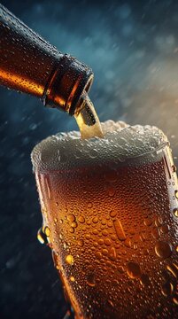 A cinematic slow-motion close-up of a golden beer being poured from a frosty bottle into an icy cold beer glass. Soft bokeh, dramatic lighting.