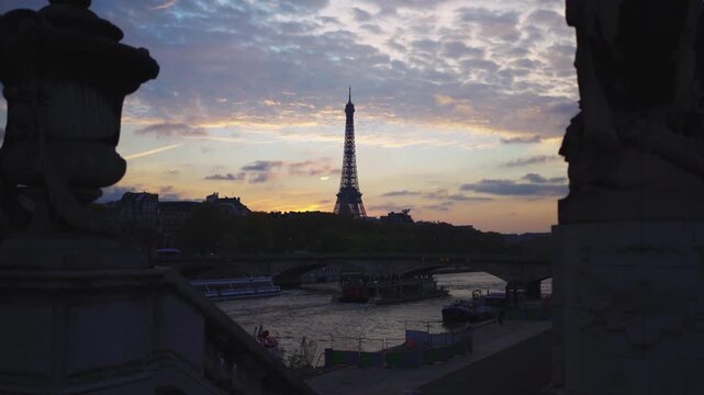 Slow move towards Paris Eiffel Tower seen from Pont Alexandre III Bridge