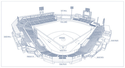 Blueprint of a Baseball Stadium, Aerial View, Sports Arena Design, White Background © Duren