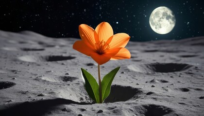 Fototapeta premium An orange flower grows on the moon's surface under a bright moon. The moon casts light on the lunar landscape where the orange flower stands out among craters.