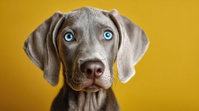 Cachorro weimaraner con ojos azules sentado frente a un fondo amarillo minimalista
