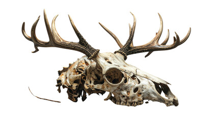 Fototapeta premium A lone red deer head with beautiful antlers; a wild animal skull on a white background.