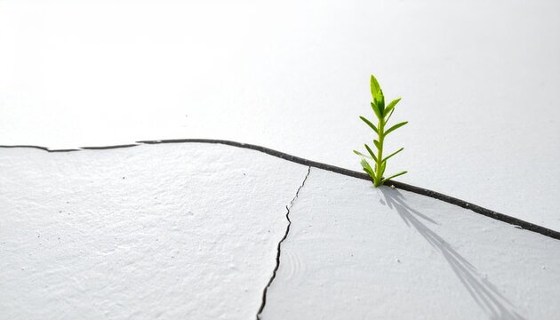 A hopeful green sprout bravely pushing through a stark concrete crack, illustrating resilience and the indomitable spirit of life in adversity