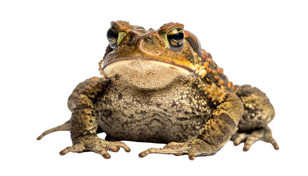 A close-up macro image of a common brown toad and a green frog separated from a white background.
