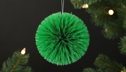 Fototapeta premium A green ornament hangs from a branch, showcasing its unique texture. The ornament's green color contrasts against the dark background and surrounding greenery.