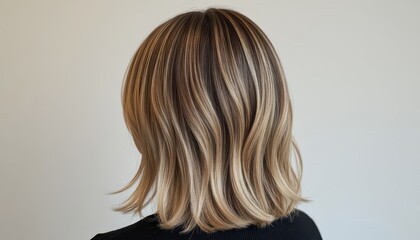 Naklejka premium A woman with wavy hair is seen from behind. The woman's hair has a blend of lighter and darker shades, creating a natural look.
