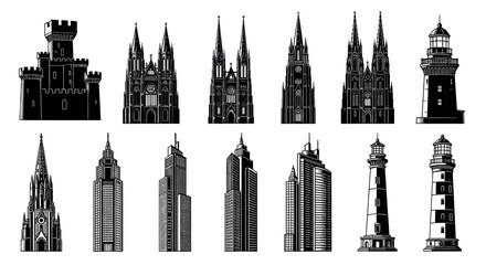 Fototapeta premium Diverse Architectural Silhouettes: Castle, Gothic Churches, Modern Skyscrapers, Lighthouses
