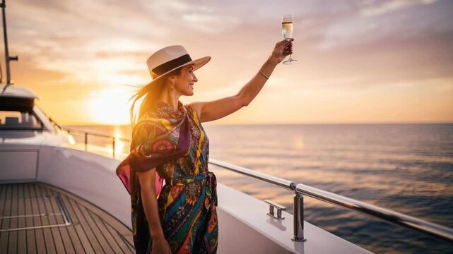 Elegant woman celebrating with champagne on luxury yacht during beautiful sunset at sea
