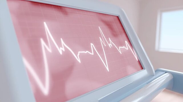 A monitor shows a heart rhythm chart on a pink screen.