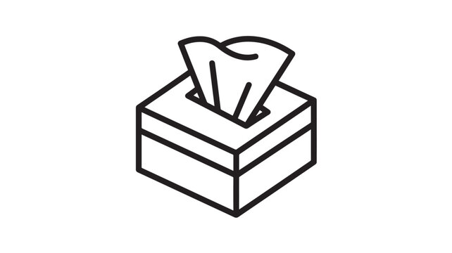 Tissue box icon with black outline and white background, representing hygiene and convenience featuring tissues, paper towel, container with