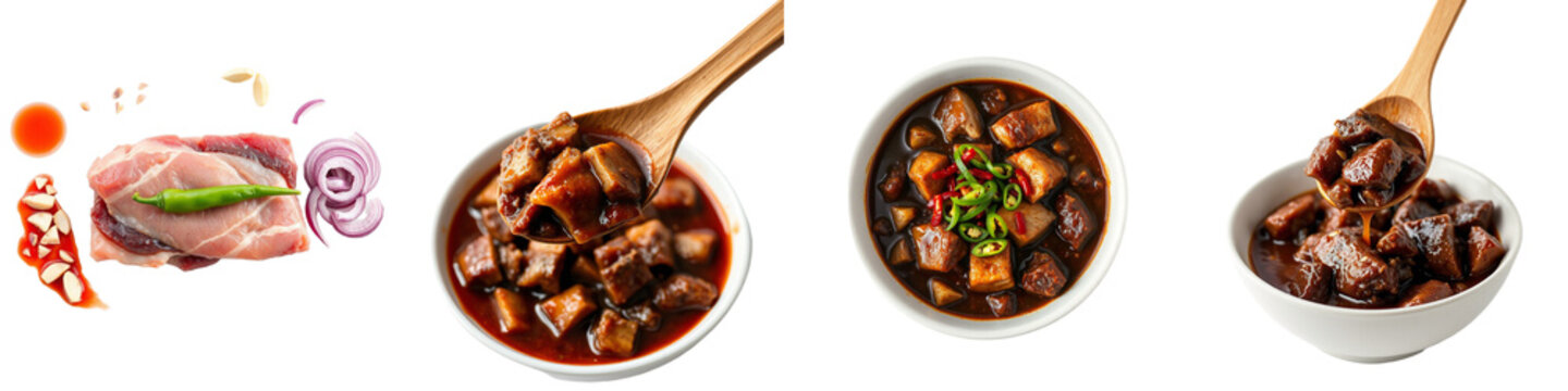 set of pictures for Traditional Filipino dinuguan pork blood stew with offal, chilies and vinegar served with puto