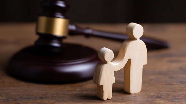 Wooden figures representing a parent and child stand together near a judge's gavel on a rustic wooden table, symbolizing child protection and legal safeguards