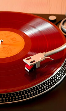 Tocadiscos moderno con disco de vinilo rojo girando, primer plano de la aguja y brazo fonocaptor en ambiente c&aacute;lido
