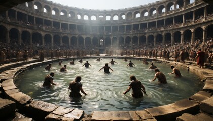 Naklejka premium men and women bathing in a large circular pool inside an ancient amphitheater. The amphitheater is filled with spectators observing the bathing men and women.