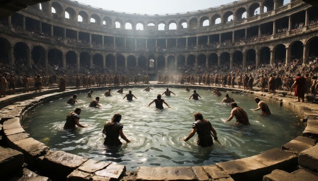 men and women bathing in a large circular pool inside an ancient amphitheater. The amphitheater is filled with spectators observing the bathing men and women.