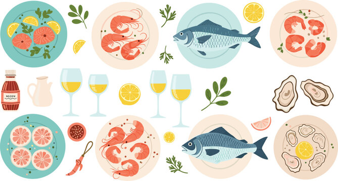 Seafood vector set with shrimp fish oysters citrus and wine gourmet dishes collection flat illustration isolated elements