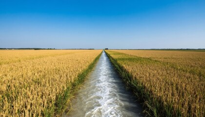 Naklejka premium A vast rice field stretches under a clear blue sky. The waterway runs between the lush green and golden rice, reflecting the sunlight and creating a serene landscape.
