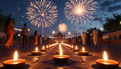 Naklejka premium a festive celebration with fireworks illuminating the night sky. People, including men and women in traditional attire, walk along a path of lit candles.