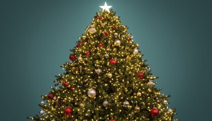 Naklejka premium The Christmas tree is adorned with shiny ornaments and bright lights. This festive Christmas tree shines with a star on top, creating a warm holiday atmosphere.