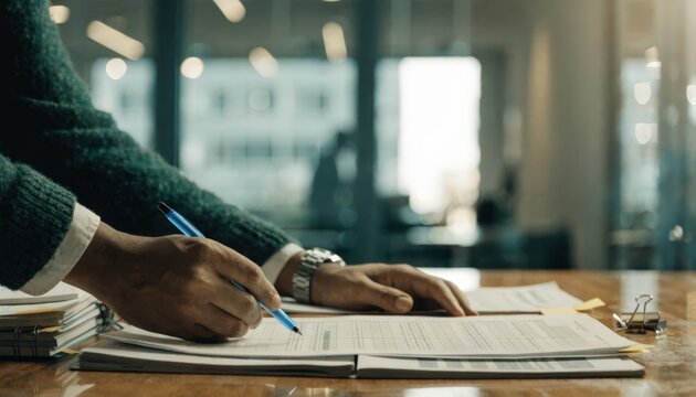 Closeup medium shot of hands compiling lease agreements and expense reports for a strip mall commercial real estate loan with tenant details softly out of focus.