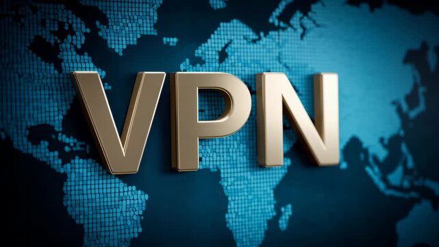 VPN letters displayed prominently against a digital world map background, showcasing a modern technology theme with blue tones and grid patterns