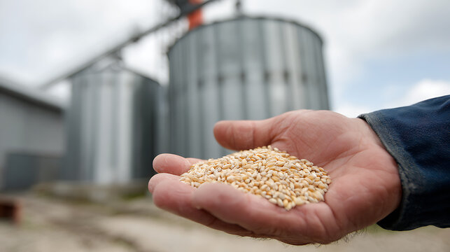 Farmer's Hand Hold Fresh Harvest Grain Seeds with Rural Agricultural Silos in Background, Represent Sustainable Farming and Global Food Supply