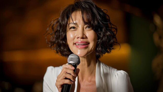 Asian woman with curly hair holds microphone, smiling while singing in a warmly lit venue, showcasing vibrant atmosphere and audience engagement in the background