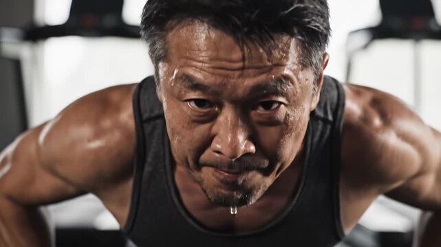 A dedicated man passionately engages in a series of challenging push-ups, displaying remarkable strength and determination in a vibrant gym atmosphere filled with energy and motivation.