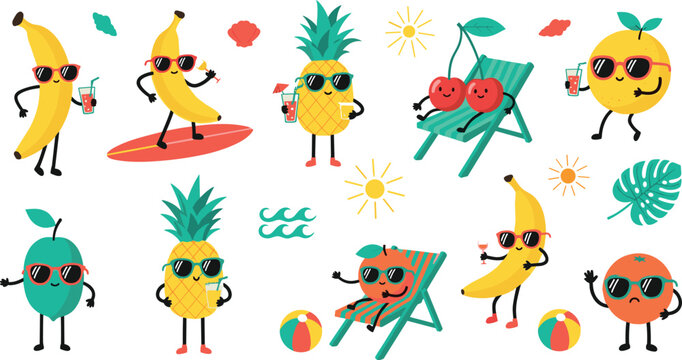 Cute summer fruit characters vector set with sunglasses banana pineapple orange cherry beach fun cartoon illustration collection