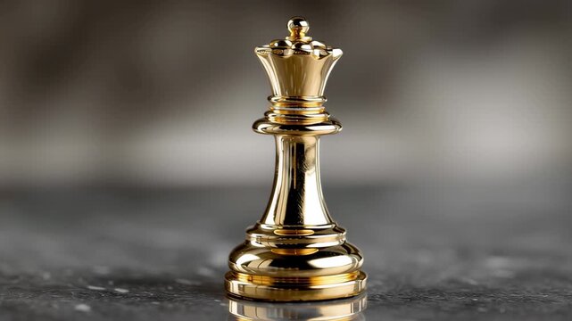 Golden chess king piece rotates on a polished black marble surface, showcasing intricate details and reflections in a well-lit environment, emphasizing its craftsmanship and elegance