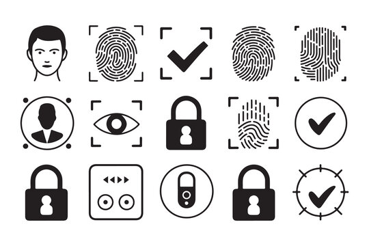 Biometric security icons face fingerprint eye lock checkmark user profile access control system