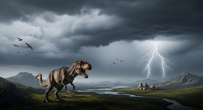 Dinosaur walking in stormy landscape.