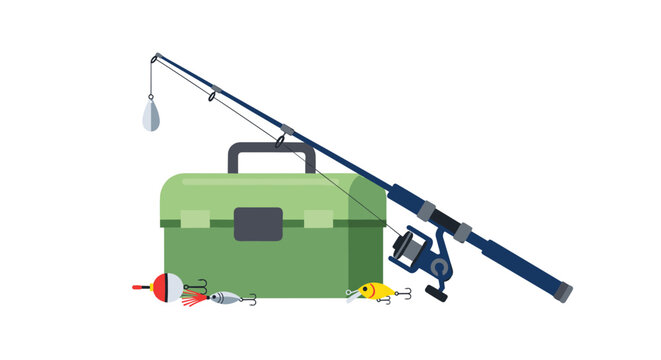 A green tackle box is placed next to a blue fishing rod with a reel, surrounded by various lures and bobbers on a white background.