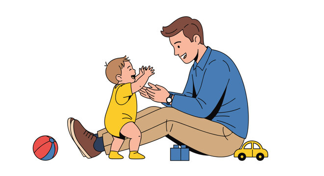 A smiling man claps for a happy baby taking its first steps towards him, surrounded by toys on a white background.