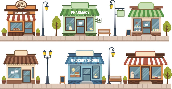 Small business storefront vector set featuring bakery pharmacy grocery store and cafe buildings on city street with sidewalk lamps