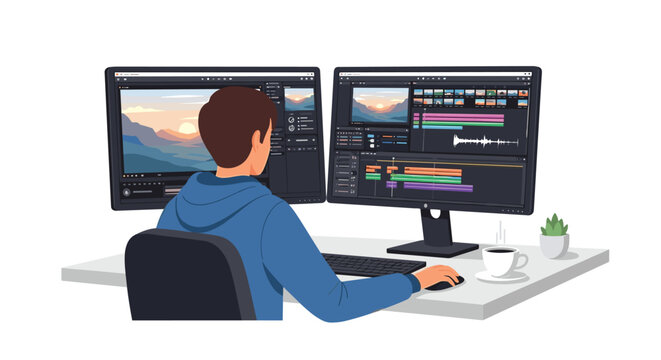 A person in a blue hoodie works on two large monitors displaying video editing software with a keyboard and mouse on a white desk.