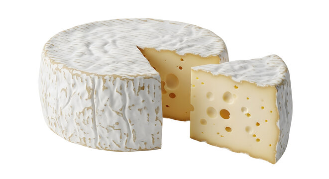 Brie cheese wheel and slice on black background white rind