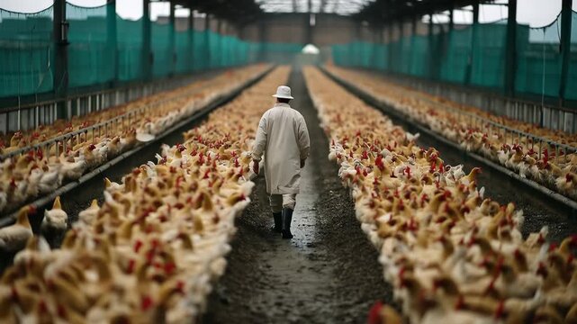 Poultry farm worker inspects rows of chickens at a farm in a rural area during daylight hours