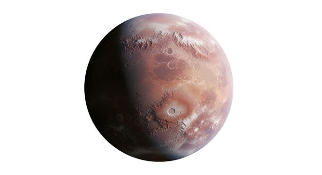 Mars planet with craters and surface details against black background