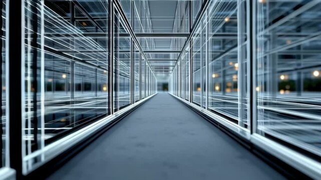 Futuristic architectural corridor with transparent glass walls and illuminated frames, showcasing a sleek design and modern aesthetic in a spacious environment